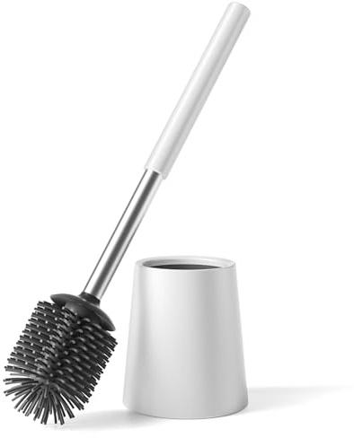 Siapapla WC-Bürstengarnitur/Klobürste & Toilettenbürste mit Halter (freistehend), Silikon WC-Bürste, Edelstahl 304 (rostfrei), Hochwertiges Badzubehör, Platzsparend (Mattweiß)