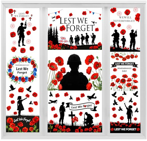 WIURGOHA Lest We Forget Window Stickers for Remembrance Day, 9 Sheets Poppy Window Cling 80th Anniversary VJ Day Decorations for 11th November Indoor Windows Decorations Decals