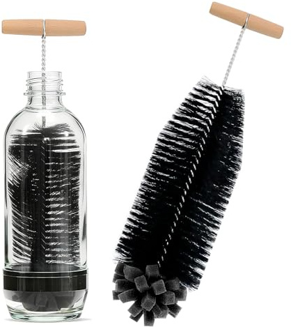Bottle Brushes for Cleaning, Scratch-Free Bottle Cleaner Brush with Wood Handle, Water Bottles Cleaning Brush for Narrow Neck & SodaStream Bottles, Hard Bristles and a Soft Spong