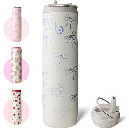 BOTTLE BOTTLE Isolierte Edelstahl Trinkflasche 750 ml mit Strohhalm, Deckel & Griff – Auslaufsicher, BPA-frei, Doppelwandig - Ideale Wasserflasche für Sport, Reisen & Fitness (Glitzer-Schleife)
