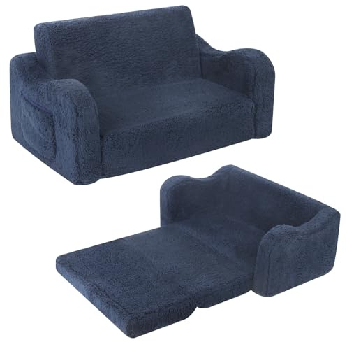 BestRoyal Comfy Toddler Couch, Extra Wide Foldable Kids Sofa, Dark Blue