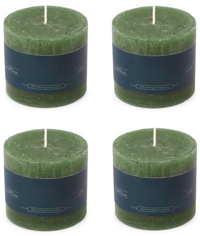 Stumpenkerzen Rustic 4er Set 7x7 cm - Brenndauer: 25 Std., rußfrei, 100% Paraffin - für Kerzenständer, Kerzenhalter, Weihnachten, Hochzeit, Blockkerze, Kerze, Adventskranz, Advent (dunkelgrün)