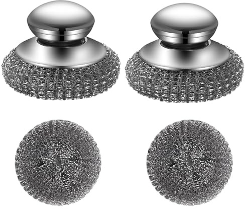 2 Pack Stainless Steel Scourers with Handle with 2 Replacement Wire Sponge | Metal Wire Wool Scrubber Pad for Cleaning Dishes, Pots, Pans, Ovens, and Grills