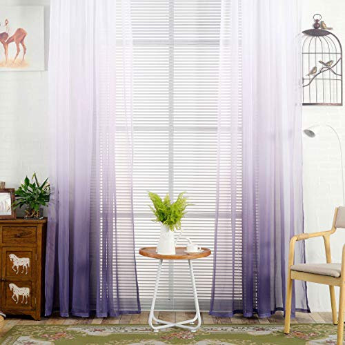 WRMING 2er Pack Gardinen Voile Vorhang Farbverlauf Transparent Gardinenschal luftig und lichtdurchlässig, für Wohnzimmer Schlafzimmer Fensterdeko,Purple,140X240cm