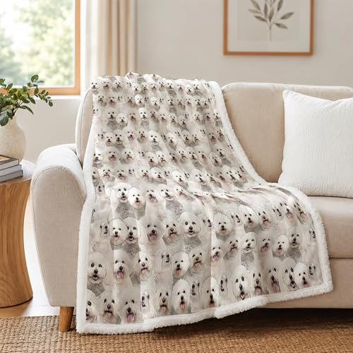 BlessLiving Soft Bichon Frise Throw Blanket Reversible, Twin 60 x 80 Inches | Cozy Plush Sherpa Fleece Blankets for Sofa Couch Bed Travel Lightweight Warm Fluffy All Season Reversible Dog Throws