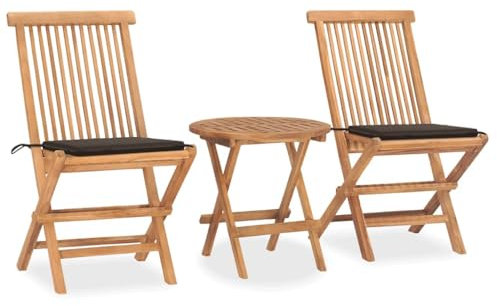 vidaXL Teak Massiv Gartenmöbel 3-TLG. mit Kissen Klappbar Bistroset Tisch Stühle Balkonmöbel Sitzgruppe Gartengarnitur Balkonset Gartenset
