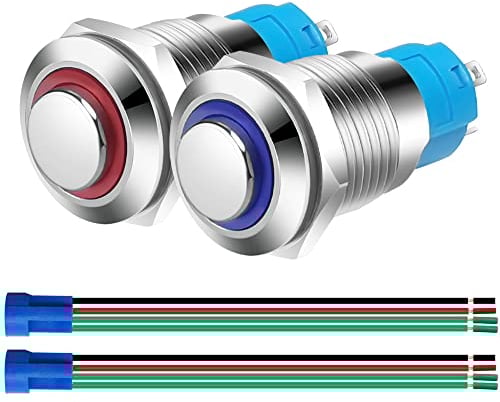 Gebildet 2pcs 12mm Pulsante Momentaneo in Acciaio Inossidabile,230VAC 3A LED Normalmente Aperto SPST ON Off Pulsante Impermeabile con Spina a Filo(Blu+Rosso,Testa Alta)