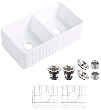 Fregadero de cocina de 33 pulgadas, doble tazón 50/50 reversible, fregadero granja de arcilla blanca de porcelana granja calibre 18, fregadero frontal delantal, con coladores y rejillas inferiores