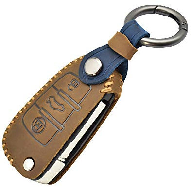 HIBEYO Coque de clé de Voiture Intelligente Compatible avec Audi A1 A3 A4 A6 Q3 Q5 Q7 S3 R8 TT 3 Boutons télécommande avec Porte-clés en Cuir Marron