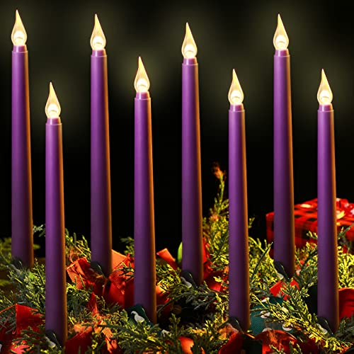 Enhon 8 Pieces Halloween Flameless Taper Candles 10 Inch LED Candles Battery Operated Flickering Candles for Halloween Wedding Christmas Dinner Church Spell Holiday Advent Rituals(Purple)