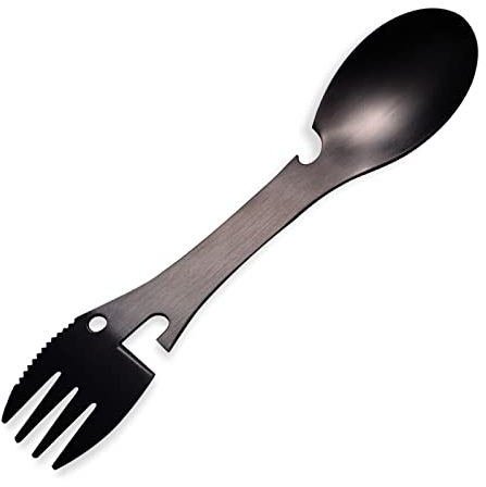 5 in 1 Sporks Stainless Steel Camping, Spoon Fork Knife Combo with Bottle Can Opener, Multifunctional Travel Utensil for Outdoor Backpacking, Hiking, Hunting, Fishing (Black)