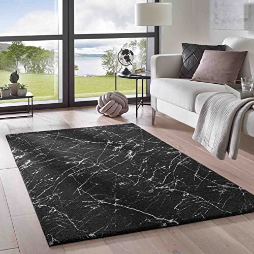 Taracarpet Teppich Supersoft Kurzflor-Teppich Valetta Marmor Blitz modern marmoriert waschbar für Wohnzimmer Schlafzimmer Jugendzimmer Badezimmer aus Polyester schwarz-weiß 160x230 cm