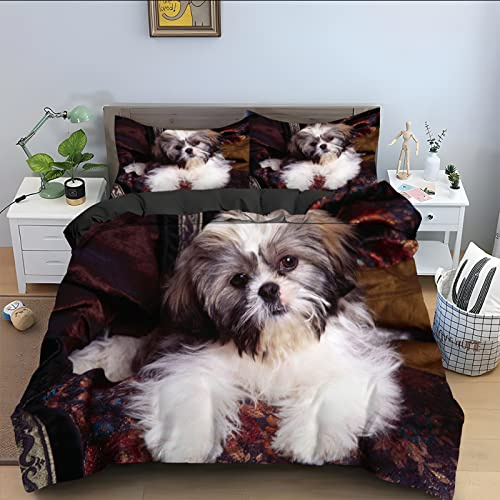 Winter Bettwäsche 135x200 roter Shih tzu Bettwäsche-Sets 3D Drucken Luftdurchlässiger Bettbezug + 2 Kissenbezug 80x80 cm mit Reißverschluss Geeignet für Kinder, Baby