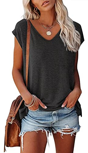 FANGJIN Damen Mode 2023 Sommer Shirt Pullover v Ausschnitt Solid Kurzarm T Shirt Casual sommertop Baseball Oberteile Elegant Schwarz Festival Outfit XX-Large XXL