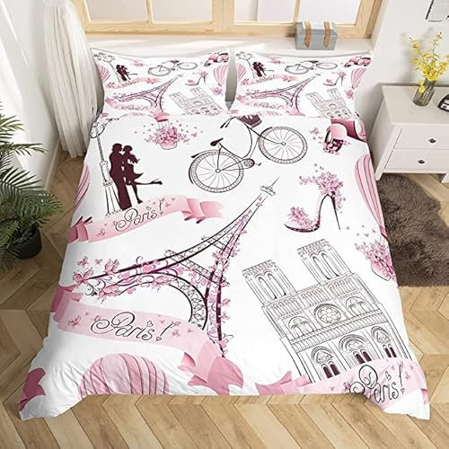 Paris Housse de Couette 220x240 Ensemble de Literie Tour Eiffel France pour Les Enfants Filles Femmes,Parure de Lit Papillon Rose Literie Romantisme Couple Voyage Rose Décoration de Chambre Blanche