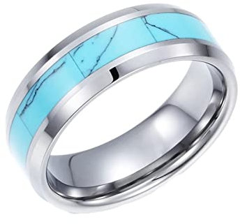 Homxi Men Rings Vintage Punk,Mens Rings Tungsten Carbide Turquoise Round 8MM Wedding Rings for Men Silver Blue Mens Ring Size L 1/2
