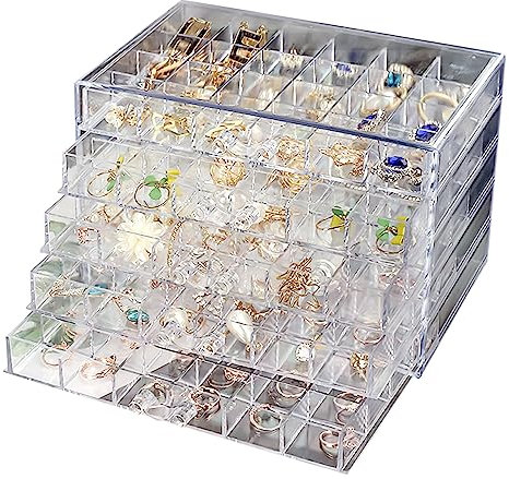 Cliplanyard Earring Storage Box Organizer, Acrylic Jewelry Holder Transparent Display Stand with Small Compartments, Clear Ring Case for Beads Nail Tips Gift Boxes (5 layers)