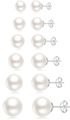 Senteria Perlenohrringe Stecker 6 Paar Sterling Silber Perlen Ohrstecker Set Hypoallergen Kleine Silber Ohrstecker Perlen-Ohrstecker für Damen 3/4/5/6/8/10MM