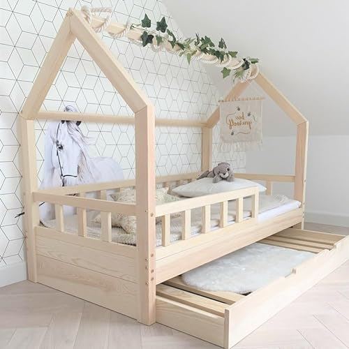 Hausbett 80x160 Mit Rausfallschutz Naturholz - Bell Nuo - Bell Nuo - Kinderbett mit Bettkasten - Kinderbett mit Lattenrost - Stabiles Rausfallschutz Bett für Kinderzimmer