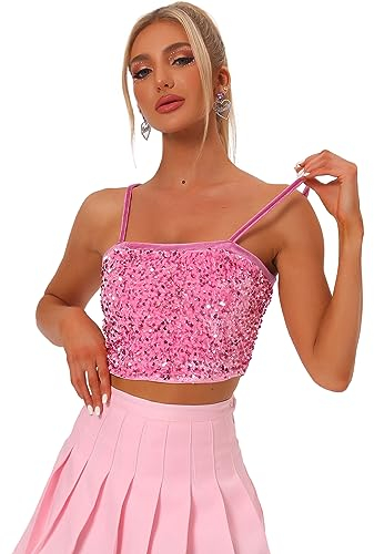 Allegra K Damen Pailletten Oberteil Ärmellos Tanktop Spaghettiträger Glitzer Cami Party Crop Top Hell Pink M