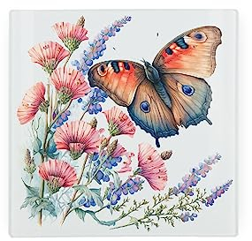 Butterfly Hot Pot Stand Trivet - Mini Square Glass Worktop Saver - Floral Painted Butterfly - Hot Pan Holder Kitchen Chopping/Cutting Board Worktop Protector with Non-Slip Feet 20cm x 20cm (8 x 8)