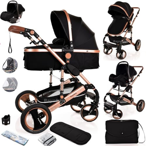 Birtn Poussette pour bébé avec siège auto - Poussette légère et pliable - Système de voyage 3 en 1 - Poussette pour nouveau-nés et tout-petits de 0 à 36 mois - Noir - Cadre or rose