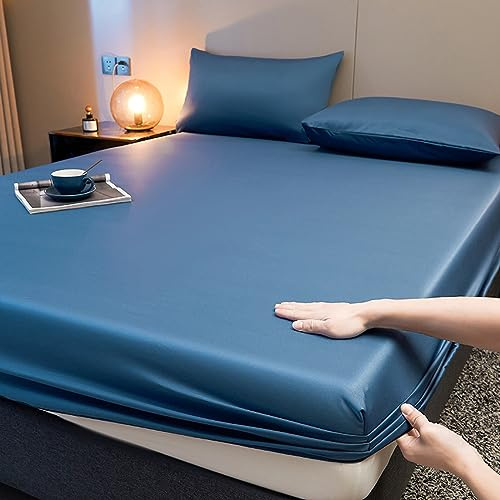 BAJIN Satin bettlaken 180x220cm+25cm Topper spannbettlakenBedding Spannbetttuch, tiefes Taschenformat, Hotel-Luxus, Doppelbett, gebürstete Mikrofaser Blau