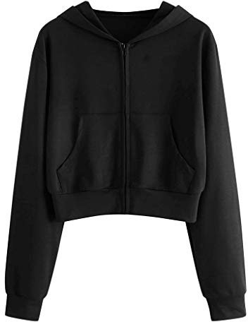 Damen Sweatjacke Bauchfrei Kapuzenpullover Kurz Hoodie Sweatshirt Crop Pullover Kapuzenjacke Cropped Jacke mit Kordel und Zip