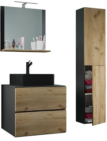VCM 4-TLG. Waschplatz Waschtisch | schwarzes Waschbecken Unterschrank Breite 60 cm | Badmöbel Set mit Schubladen Drehtüren Spiegel | Lendas S BL