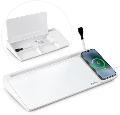 Varhomax Glass Desk Whiteboard with Wireless Charger, Desktop Dry Erase White Board with Storage, to Do List Memo Notepad for Home and Office