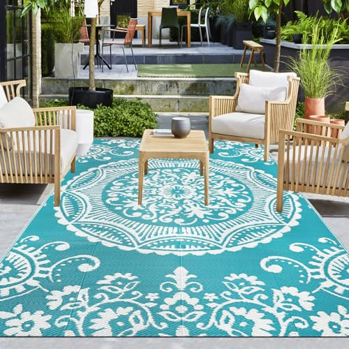 Capslpad Wendematten 150x245cm Wasserdichter Außenbereich Terrass Teppich Boho Blumen-Kunststoff-Strohteppich Tragbar Indoor Outdoor Teppich für den Garten Veranda Hinterhof Balkon Picknick Dekor,Teal