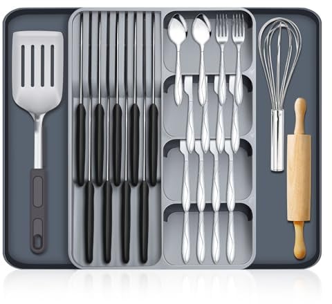 Yafe Cutlery Drawer Organiser, Large Expandable Kitchen Drawer Organiser Cutlery Trays for Kitchen Drawers Utensil Tray Adjustable Utensil Drawer Organiser Knife Fork Spoons Storage,Black & Grey