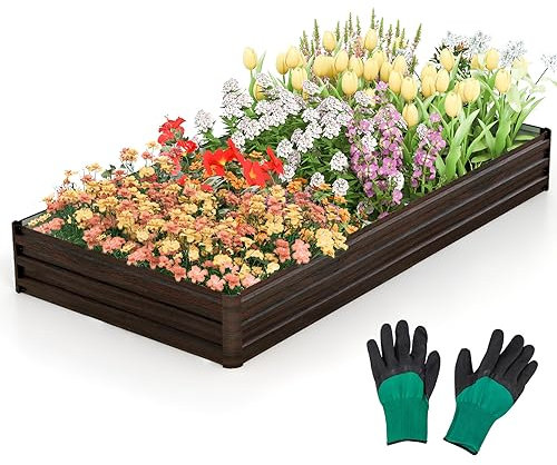 TANGZON Raised Garden Bed, 240 x 120 x 30 cm Large Outdoor Metal Planter Box for Vegetable Fruit Herb Flower, Heavy-Duty Planter Raised Bed Kit with Reinforced Bracket, Open-Ended Base