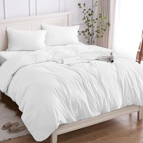 Copripiumino Matrimoniale 100% Cotone 260x240 (2 Federe 50x80), Set Copripiumino in Premium Cotone 150GSM OEKO-TEX, Morbida, Traspirante, Ipoallergenica - Bianco
