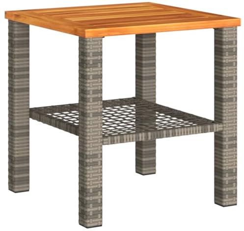 vidaXL Gartentisch, Beistelltisch für Garten Terrasse, Couchtisch mit Holzplatte, Balkontisch Kaffeetisch Gartenmöbel, Grau Poly Rattan Akazienholz
