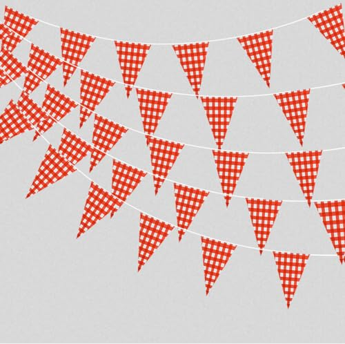 Guirlande de fanions triangulaires double face en coton à carreaux pour carnaval, pique-nique, anniversaire, fête prénatale, jardin - 16 m - Rouge et blanc