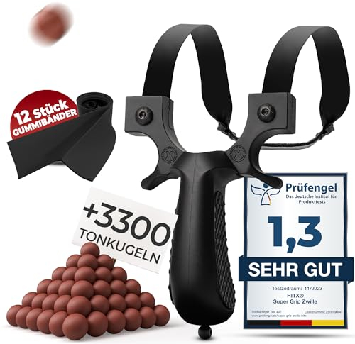 HITX® Zwille Steinschleuder Spar-Bundle [SG-Rom] - 1x Super Grip Schleuder | 3300x Tonkugeln Munition | 12x Gummibänder Extra Stark |Slingshot Bundle Set