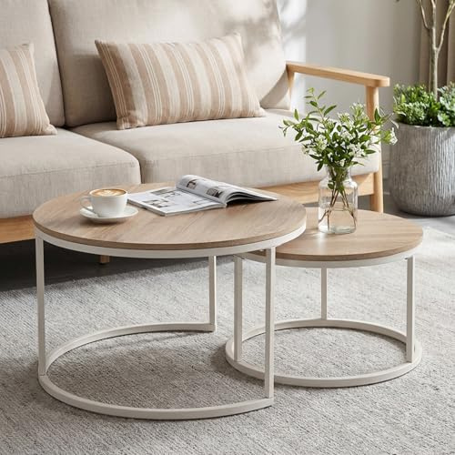 buybyroom Nest of Tables 2er Set, Runde Kleine Couchtische für Wohnzimmer mit Metallrahmen, Eiche Beistelltisch für Büro, Balkon, Schlafzimmer, Weiß