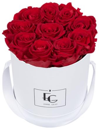 EG EMMIE GRAY Classic Infinity Rosebox | Round | S | White – 9 ± 1 Infinity Rosen mit langjähriger Haltbarkeit, echte Rosen die bis zu 3 Jahre blühen, konservierte Rosen (Vibrant Red)