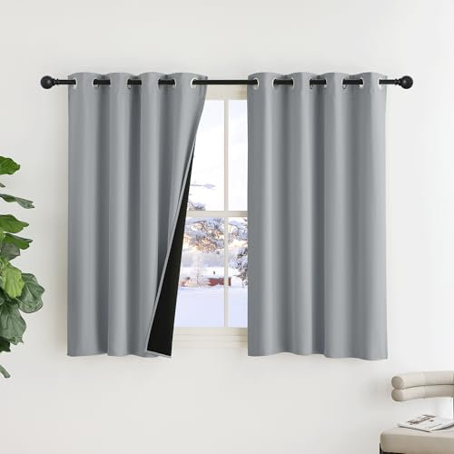 PONY DANCE 100% Blackout Grey Curtains for Bedroom - PLYLUX Thermal Eyelet Darkening Curtains, 2 Panels, 52 x 54 Inch
