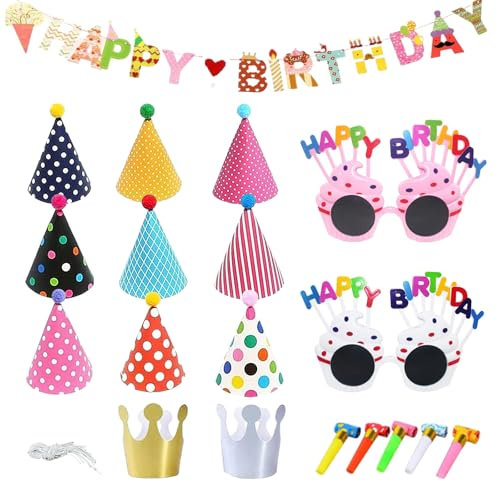 UILYNIU 19 Pcs Chapeau Anniversaire Kit, Chapeau de Fête, Chapeaux Cône de Fête, Chapeau de Couronne Anniversaire, Bannière Anniversaire Lunettes de Fête pour Anniversaire Noël Fête