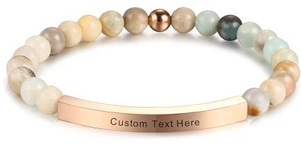 MeMeDIY Pulseras Personalizadas para Mujer Pulsera Elástica de Piedra Natural Con Etiqueta de Acero Inoxidable con Nombre Grabado y Mensaje Inspirador Pulsera de Cuentas de 7,5 (Estilo04)