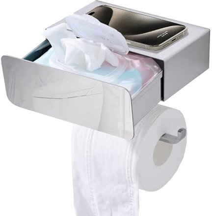 Klopapierhalter ohne Bohren | Toilettenpapierhalter mit Feuchttücherbox, Ablage & Schublade | Edelstahl 304 | WC Papier Halterung für Klopapier Aufbewahrung (Hochglanz) | Toilet Paper Holder