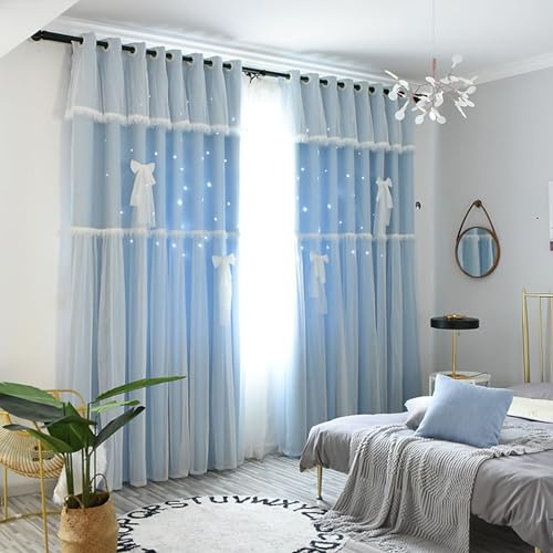 Epinki Vorhang Muster Verdunkelung Ösen Gardinen 2 Stück, Vorhang Doppelte Reinheit Einfarbig Vorhänge Gardinen Schlafzimmer aus Polyester Gardinen Schals für Wohnzimmer Blau H214 x B137 cm