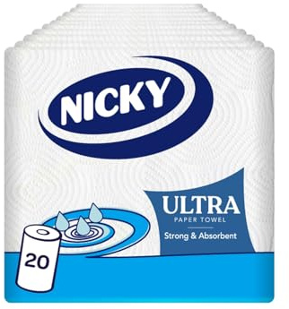 Nicky Ultra, 20 Rolls of Kitchen Towel, 3-Ply | 75 Sheets per Roll, Ultra Strong and Absorbent, Suitable for The Whole Family, 100% FSC Certified, Paper Packaging