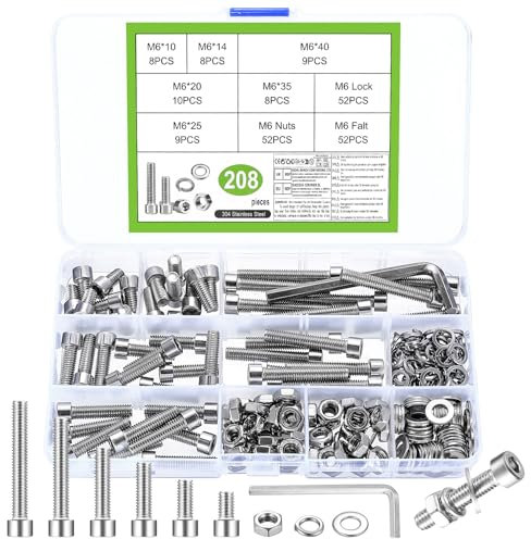 208 Stück M6 Schrauben Set, Zylinderkopfschrauben Muttern Sets, Edelstahl Sechskantschrauben Set und Unterlegscheiben, Innensechskant Schrauben mit Muttern, Maschinenschrauben Sortiment (208, M6)