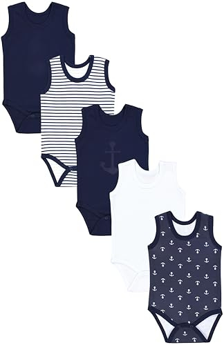 TupTam Baby Jungen Achselbody – Weicher Baby Body im 5er Pack aus Baumwolle, Body Baby Unifarben OEKO-TEX zertifiziert, Farbe: Anker Dunkelblau Streifen Weiß, Größe: 104