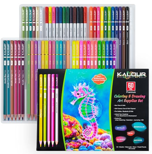 Kalour, set di 60 matite per disegno artistico, comprese matite a olio, metalliche, ad acquerello, al neon, pastelli macaron. Ideale per schizzi, colorazione e lavori fai-da-te, regalo per adulti
