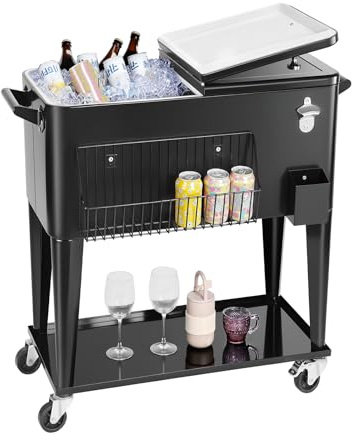VEVOR 80 Quart Rolling Ice Chest, Holds up to 50 Bottles / 110 Cans, Portable Patio Party Bar Drink Cooler Cart with Bottom Shelf, Beverage Pool with Side Basket and Bottle Opener, Black