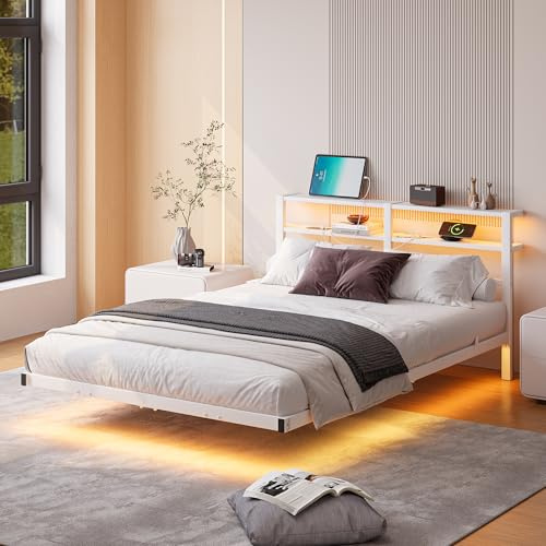 HAHRIR 4ft6 Floating Double Bed Frame with LED Lights & USB Charging White | 135x190cm Metal Heavy‑Duty Noise‑Free Slats 2 Storage Shelves No Box Spring Needed Easy Assembly Ideal For Apartment Bedroom
